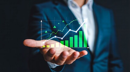 Fototapeta premium Businessman holding digital growth chart with rising bar and line graph in palm 