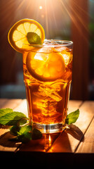 Iced tea with lemon slice and mint leaves on a wooden surface in bright sunlight shining through