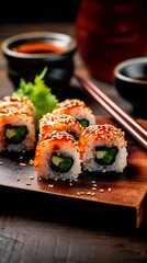 Close up of sushi rolls with cucumber and sauce on a wooden board with chopsticks and soy sauce