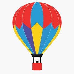 Fototapeta premium A brightly colored hot air balloon with vibrant red, yellow, blue, and purple stripes, featuring a small red basket, ready for adventure.