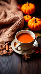 Autumn still life with pumpkin spice latte, pumpkins, scarf and star anise on a dark wooden table