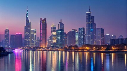 Fototapeta premium Night City Skyline with Skyscrapers and Colorful Reflections on River Water