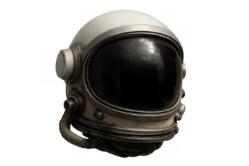 Vintage astronaut helmet with dark visor isolated on transparent background, ideal for space exploration and futuristic projects