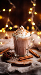 A glass mug of hot chocolate with whipped cream and cinnamon sticks on a wooden board with lights
