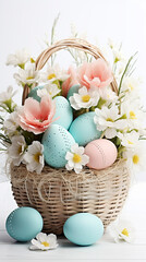 A woven basket filled with pastel easter eggs and white and pink flowers on a white surface