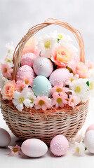 Easter basket filled with pastel colored eggs and flowers on a white surface for spring holiday