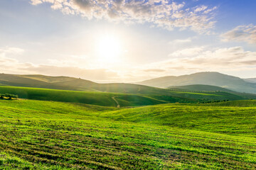 green spring or fummer farm field. rural landscape of countryside wirh agriculture view in farmland with beautiful cloudy sky on background