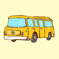 Funky Yellow Bus in cartoon: A whimsical yellow bus with cartoon art, ready for adventure. Ideal for travel, transport, and joyful ride. This piece is perfect for adding playfulness.