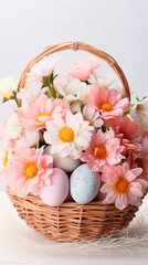 A wicker basket filled with flowers and easter eggs in pastel colors on a white background
