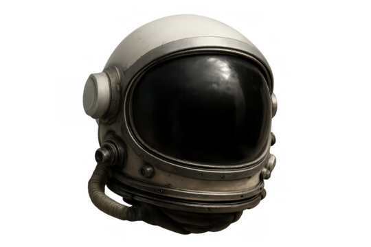 Vintage astronaut helmet with dark visor isolated on transparent background, ideal for space exploration and futuristic projects
