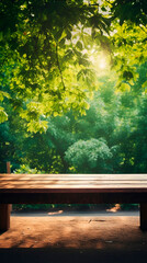 Wooden bench under green leaves with sunlight shining through the trees in a peaceful setting outdoors