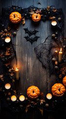 Halloween arrangement with pumpkins candles bats and leaves on a dark wooden surface top view