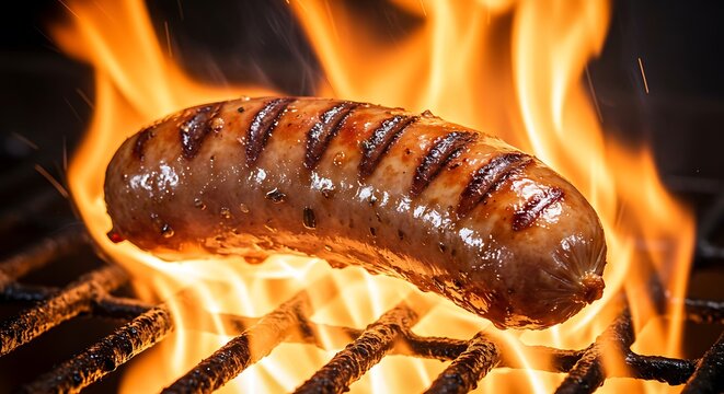 An artistic closeup of a sausage being seared with flames wrapping around, rich grill textures, sizzling fat and spice details, fiery and mouthwatering,