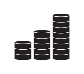  Black silhouette icon of stacked coins forming an upward bar chart. Represents financial growth, savings, profit, and investment. Ideal for business, finance, or economic-themed design projects.