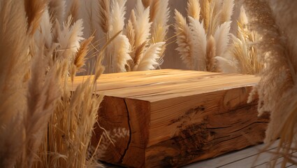 Ears of wheat lying on a rustic wooden table in a golden rural setting