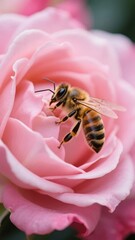 A honeybee pollinating a soft pink rose, showcasing the intricate details of both the insect and the flower.