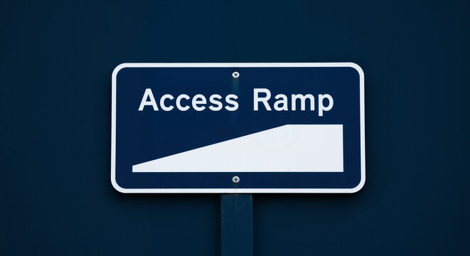 Access ramp sign with a simple design on a dark blue background for improved visibility 