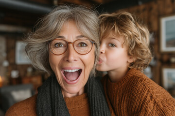 Warm Embrace: A heartwarming portrait of a grandmother and grandson, radiating love and joy. The pair shares an intimate moment of connection, a tender gesture between two generations.