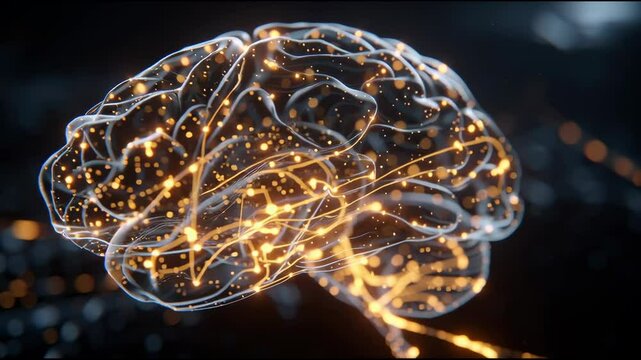a 4k 3d rendered illustration of a futuristic digital holographic golden yellow glowing neurons human brain rotating / spinning in motion loop. 16:9, medical usage like psychology ads
