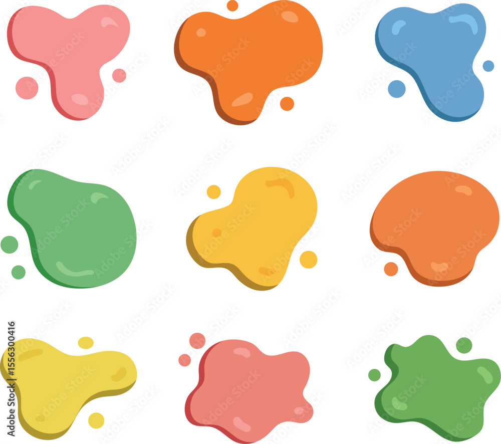 Poster nine vibrant colorful abstract shapes designed as vector illustrations against a clean white backdro