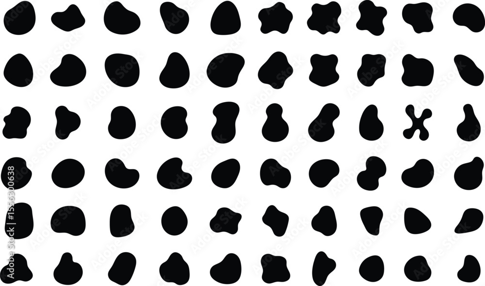 Poster collection of abstract black blob shapes displayed on a white background suitable for design element