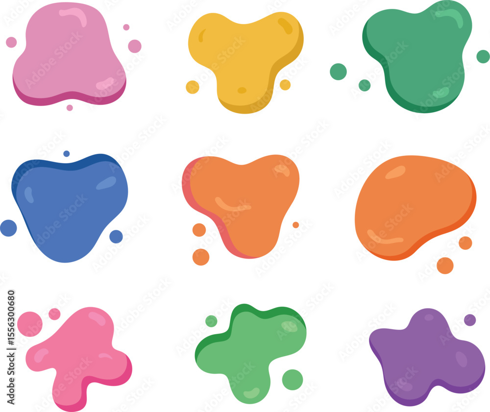 Poster collection of colorful blob shapes in various colors for graphic design and creative projects