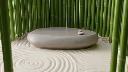 Tranquil spa stones and bamboo create a serene still life, embodying nature's balance and promoting relaxation, health, and beauty