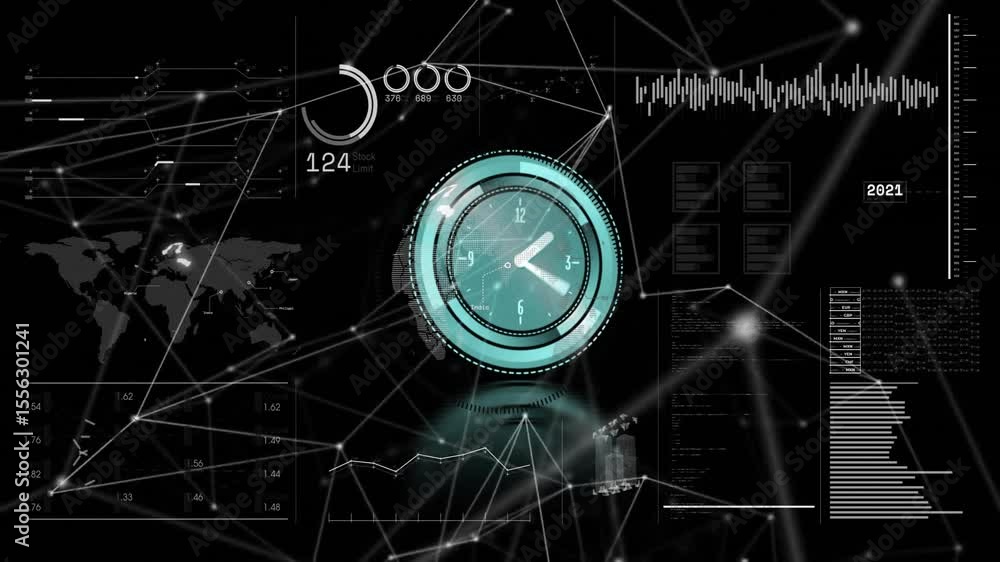 Poster on launch, teal clock appearing over mesh backdrop, showing shifting years, visualizing data trends