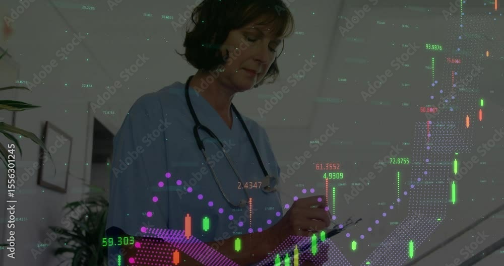 Poster clinician adjusting clipboard then writing patient notes while digital chart animating in realtime