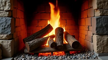 Cozy indoor fireplace with crackling flames and burning wood logs creating warmth and inviting ambiance. - Powered by Adobe