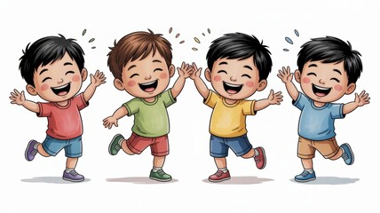 Joyful Asian Boys Happy Kids Friendship Playful Children Illustration