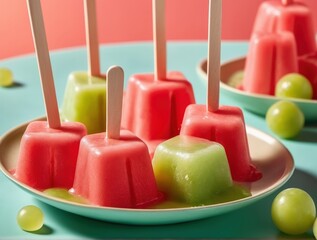 Homemade popsicles of watermelon puree with whole honeydew balls inside. Melting, dripping onto a bright ceramic plate. Fresh melon balls complete this vibrant dessert.