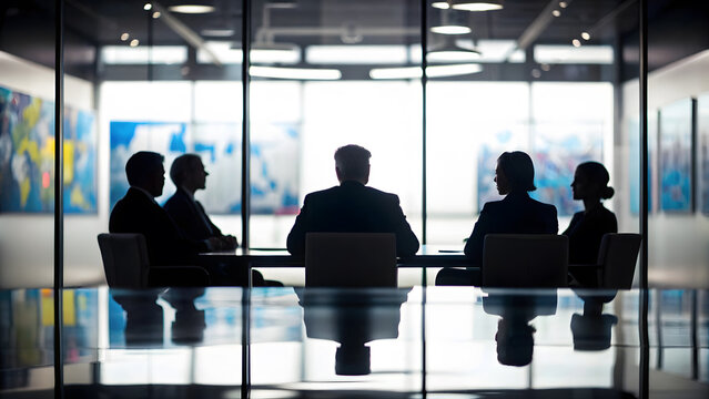 Business people silhouettes collaborating in a bright, modern conference room, discussing strategic planning and business goals.