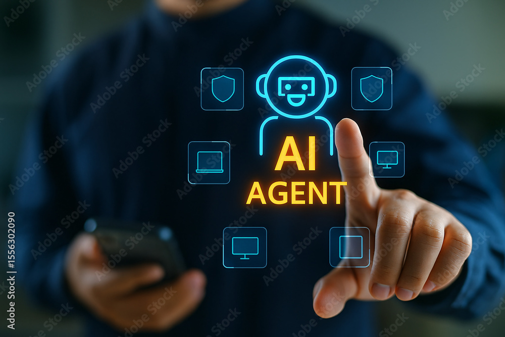 Aufkleber ai agent hologram interface with man using smartphone and touching virtual screen, concept of artifi