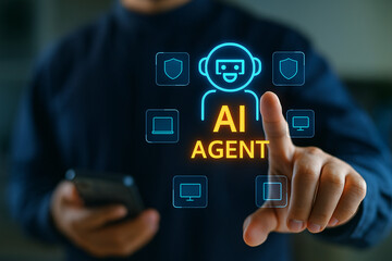 AI Agent Hologram Interface with Man Using Smartphone and Touching Virtual Screen, Concept of Artificial Intelligence Technology and Digital Virtual Assistant in Cyber Interface

