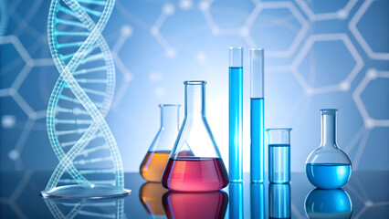 Laboratory beakers and test tubes with colorful liquids show scientific research and discovery with a DNA structure against a blue backdrop.