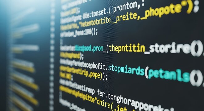 Closeup of Code on a Screen with Yellow and Teal Text