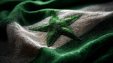 Closeup 3D Rendering of a Green and White Flag with Star