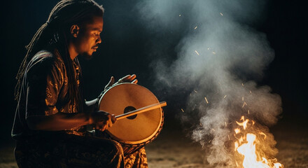 Nighttime Percussionist A Musician Plays Djembe by Campfire