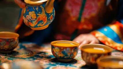 Immerse in the serene moment of tea pouring. This footage highlights the elegance and cultural significance of tea ceremonies. Perfect for lifestyle and culinary themes. Generative AI