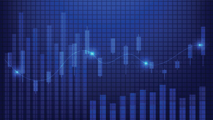 finance and business concept. stock market candlesticks chart with bar graph on blue background