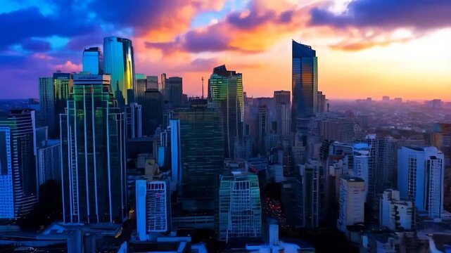Aerial view of a sprawling city at sunset