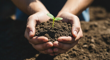 Nurturing New Life Hands Gently Holding a Seedling in Rich Soil