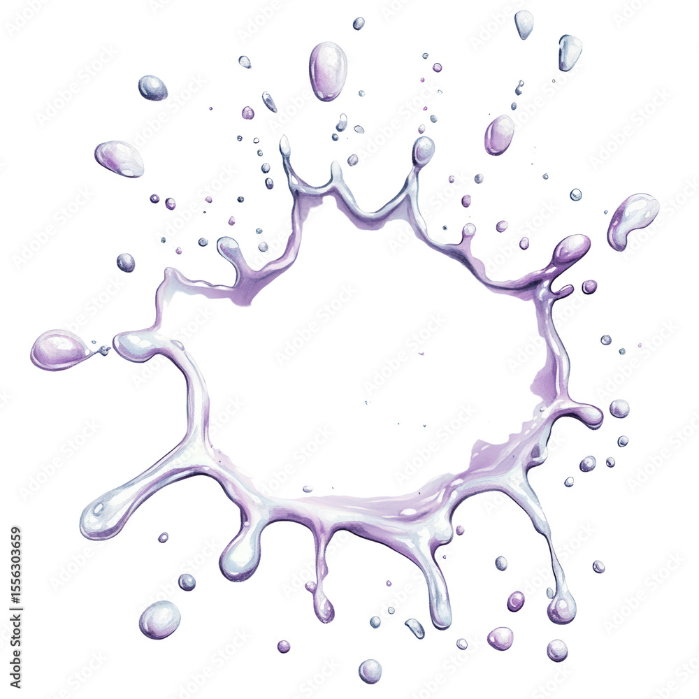 Poster dynamic splash of purple liquid with droplets and splatter effect on a white background for creative