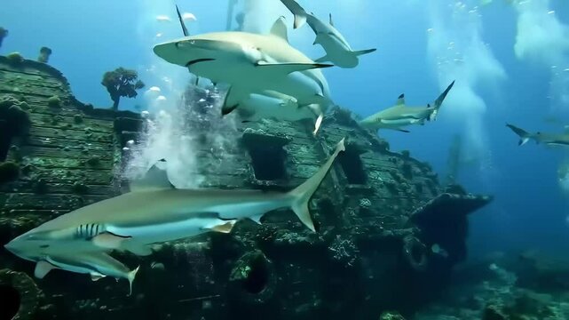 Underwater view with ancient shipwreck and sharks around