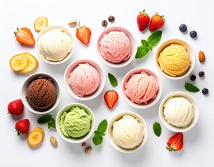 A variety of colorful ice cream scoops in white bowls on a clean white background, surrounded by fresh fruit and nuts