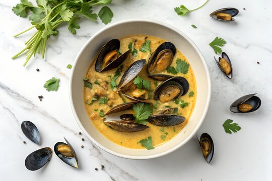 brazilian sururu stew in bowl on white wood background 