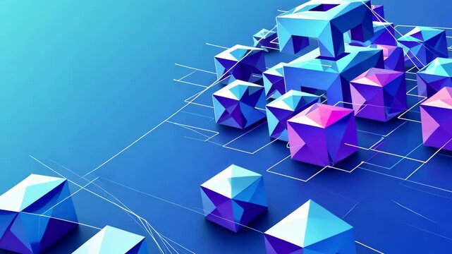 Abstract digital isometric blockchain concept, technology 3D linked blocks in a futuristic low poly wireframe graphic design style
