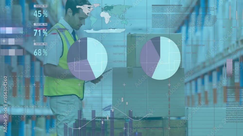 Poster warehouse worker scanning box barcode and updating digital analytics charts over stacked pallets