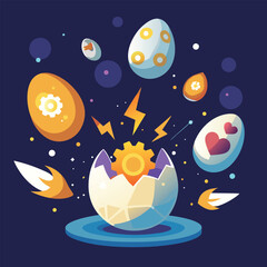 Eggs made of light cracking open to release glowing symbols?hearts, gears, stars, and sparks?floating up into a dark sky..eps